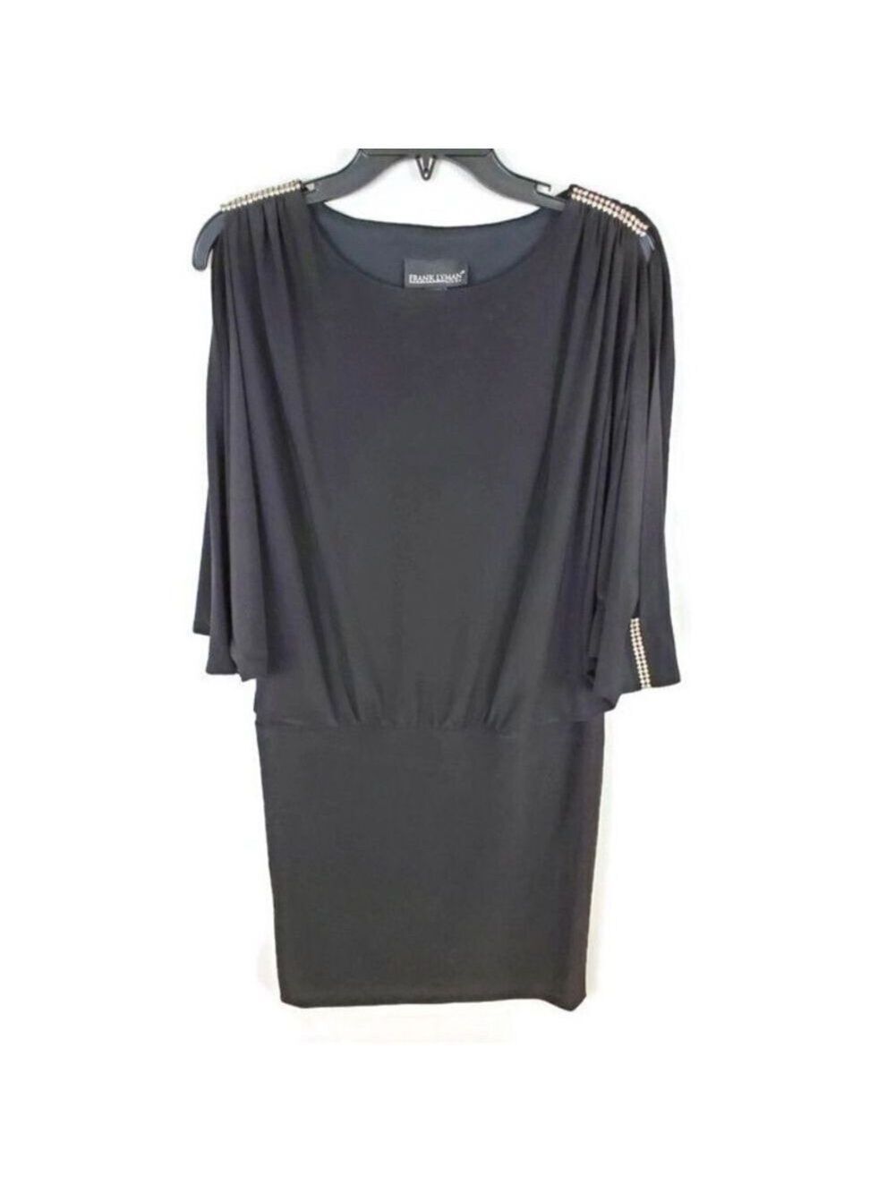 FRANK Lyman black rhinestone shoulder long sleeve formal cocktail dress Sz 2
